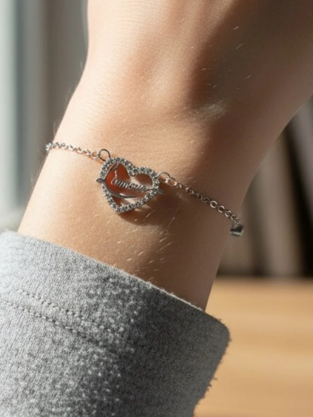 8/21 Silver Heart Charm Bracelet with Crystal Accent - Silver